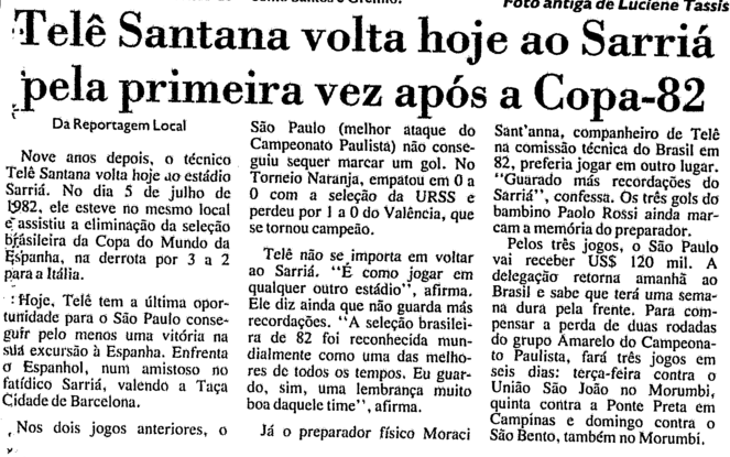 Pelo São Paulo, Telê volta ao Sarriá (e vence)